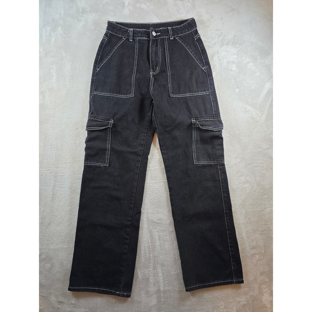 SHEIN Denim Cargo Pants Womens Size 4 Black Utility Skater Grunge Straight